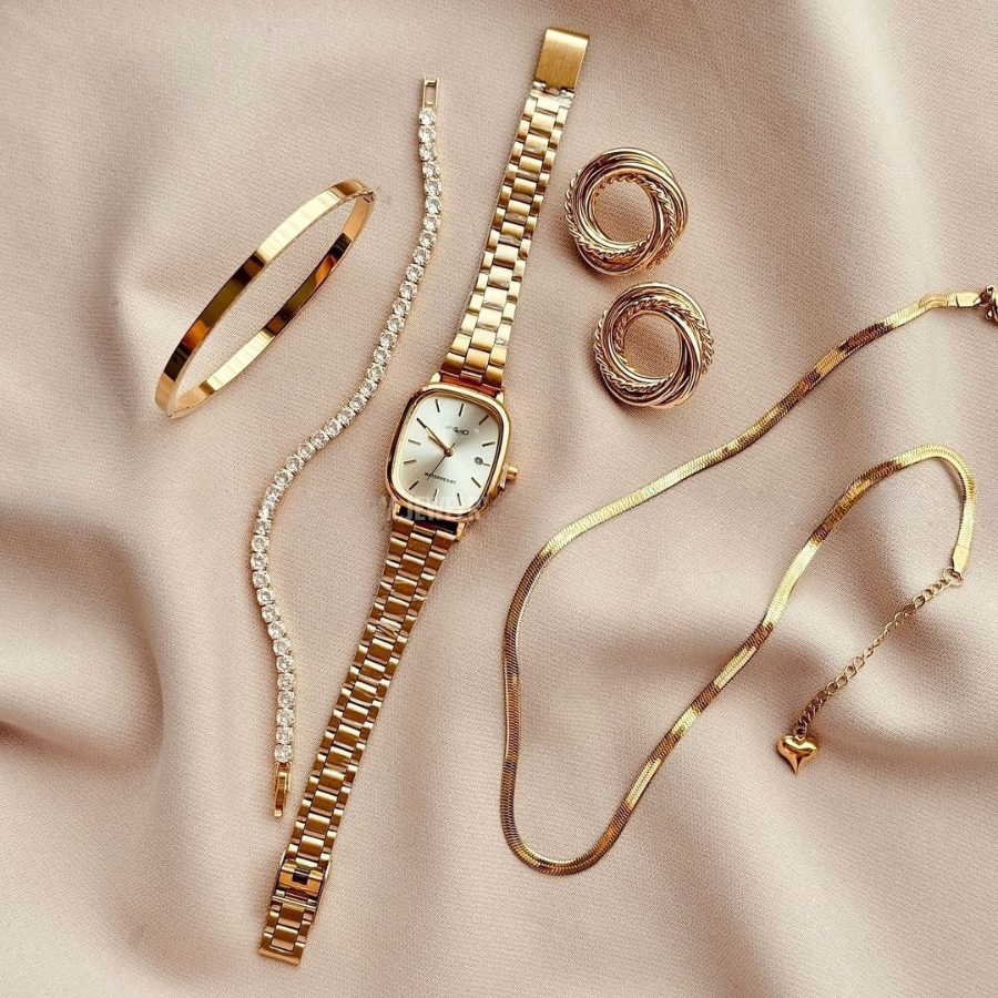 Conjunto Relógio Feminino Dourado com Bracelete Pulseira Brincos Anel e Colar Acessórios Kit relogio