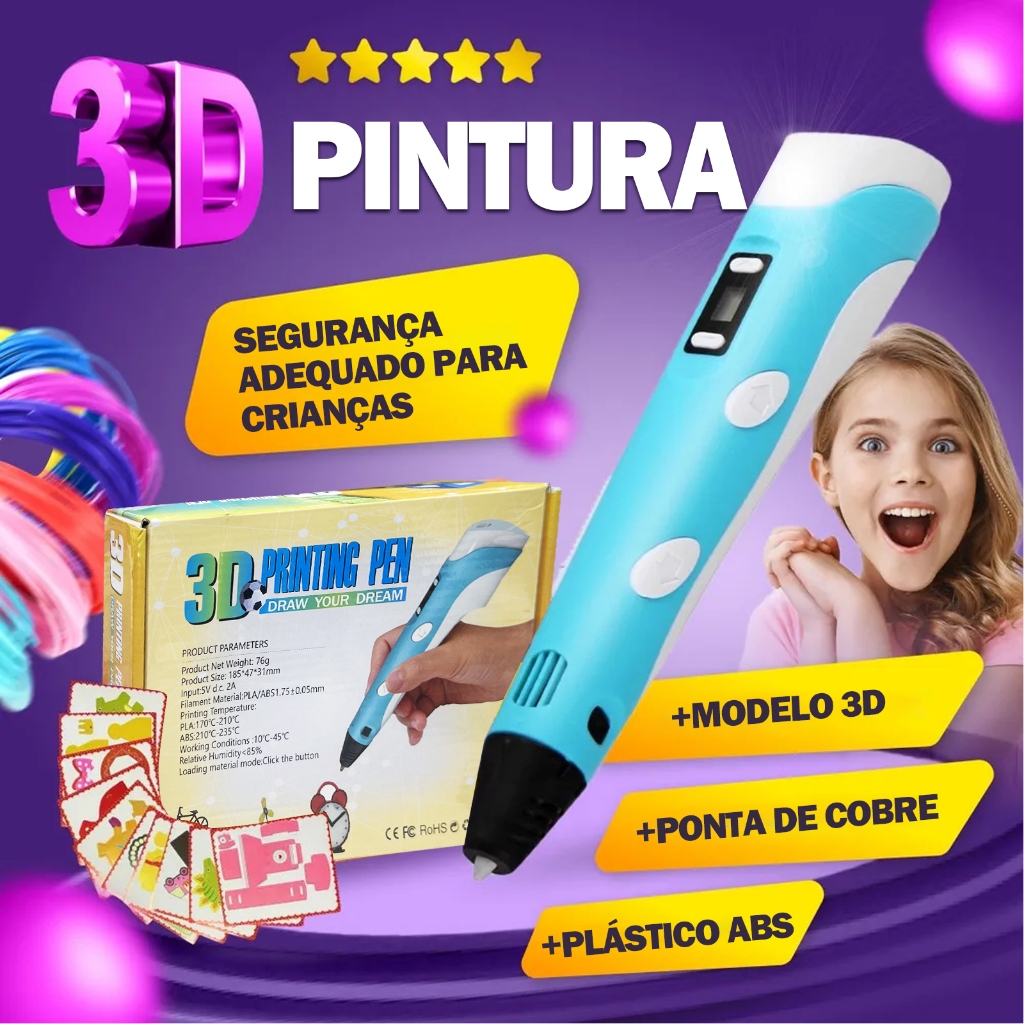 Caneta 3D Impressora Manual Infantil e Adulto Com Filamentos DIY Filamento Plastico ou ABS Tela LCD