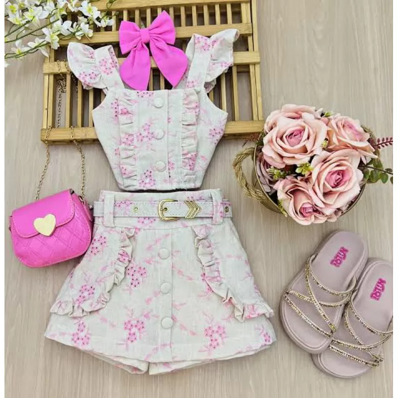 Conjunto Infantil Feminino Moda Blogueirinha Linho Bordado