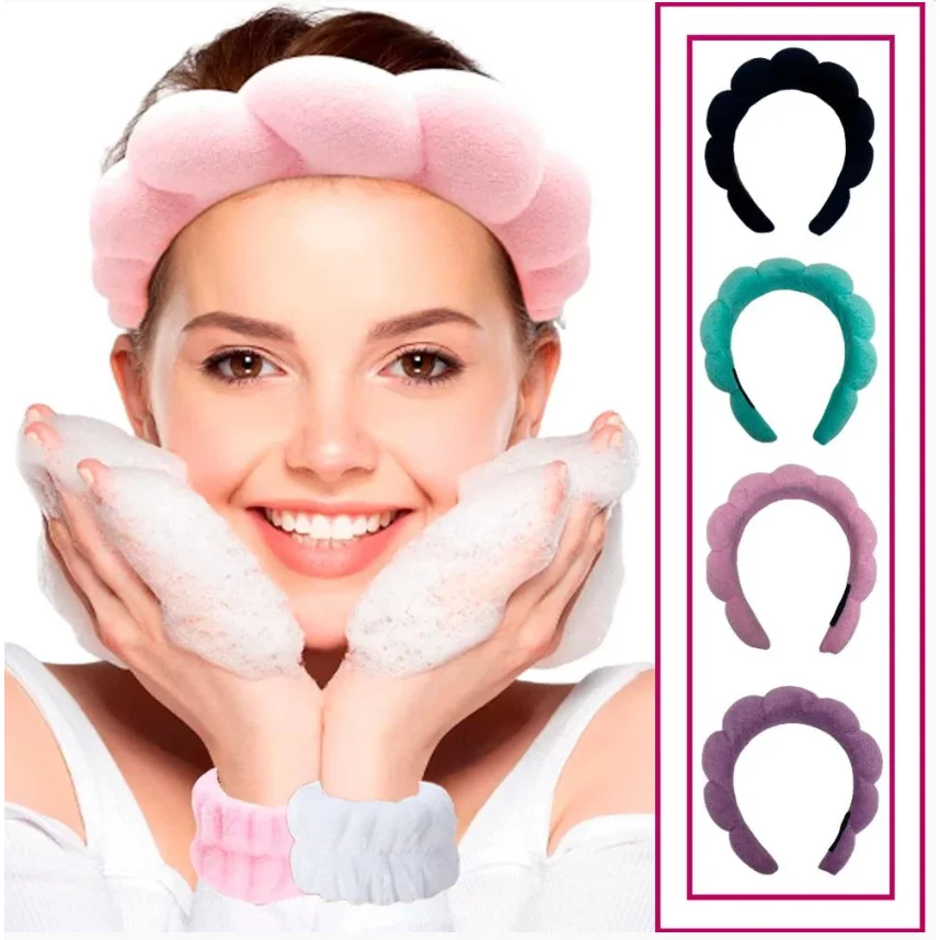 Kit com 2 Tiara Skincare Nuvem Maquiagem Faixa Cabelo Atoalhada Cores CORES SORTIDAS