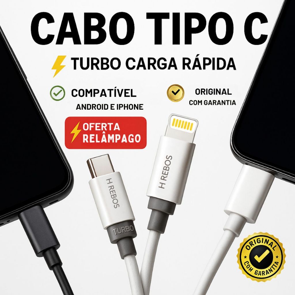Cabo Tipo C Tipo C Turbo Original Hrebos 1, 2 ou 3m Compatível Android e iPhone | Garanta Já