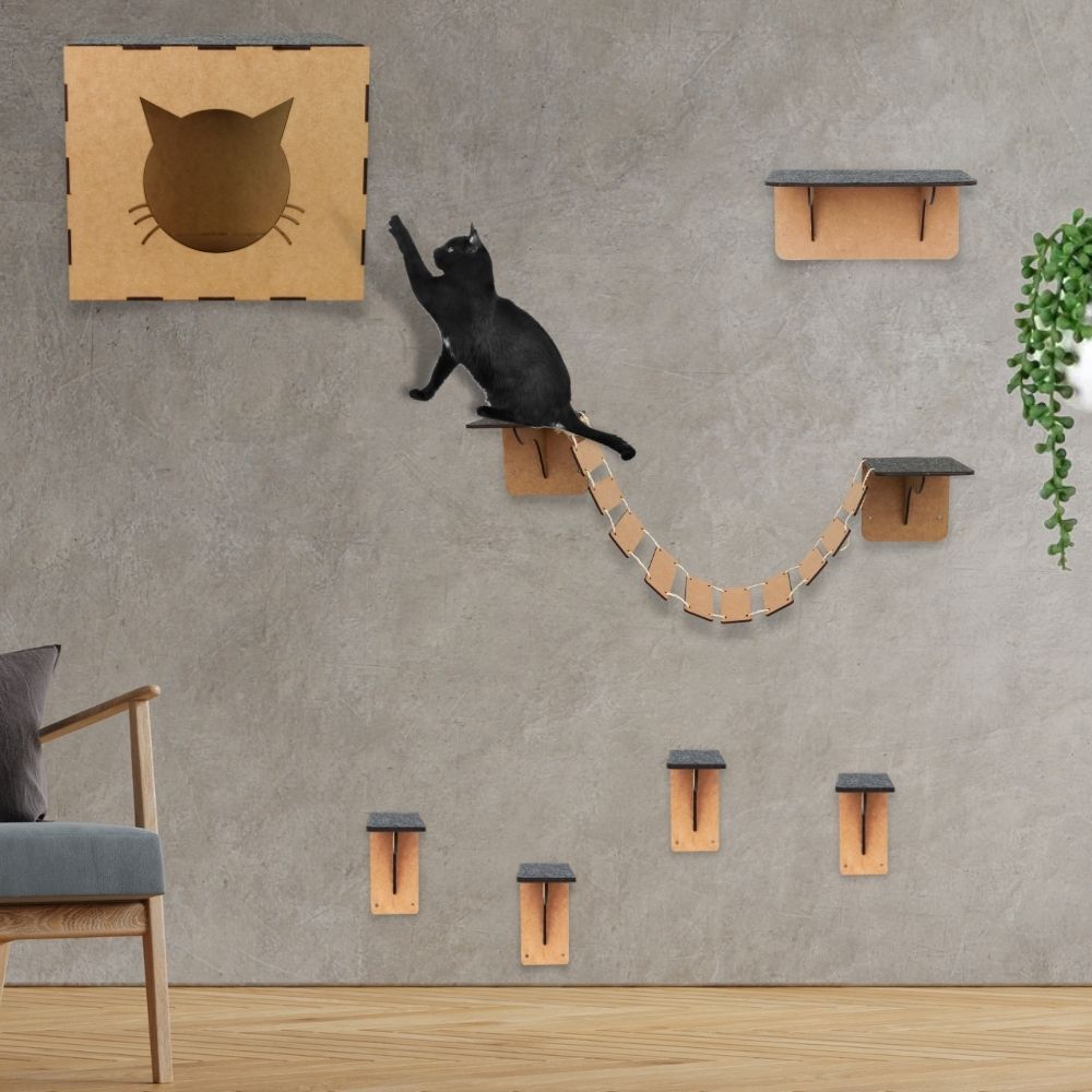 Melhor Playground para Gatos Kit Brinquedo 7Pçs Gato Prateleira Nicho Escadinha Circuito com Carpete