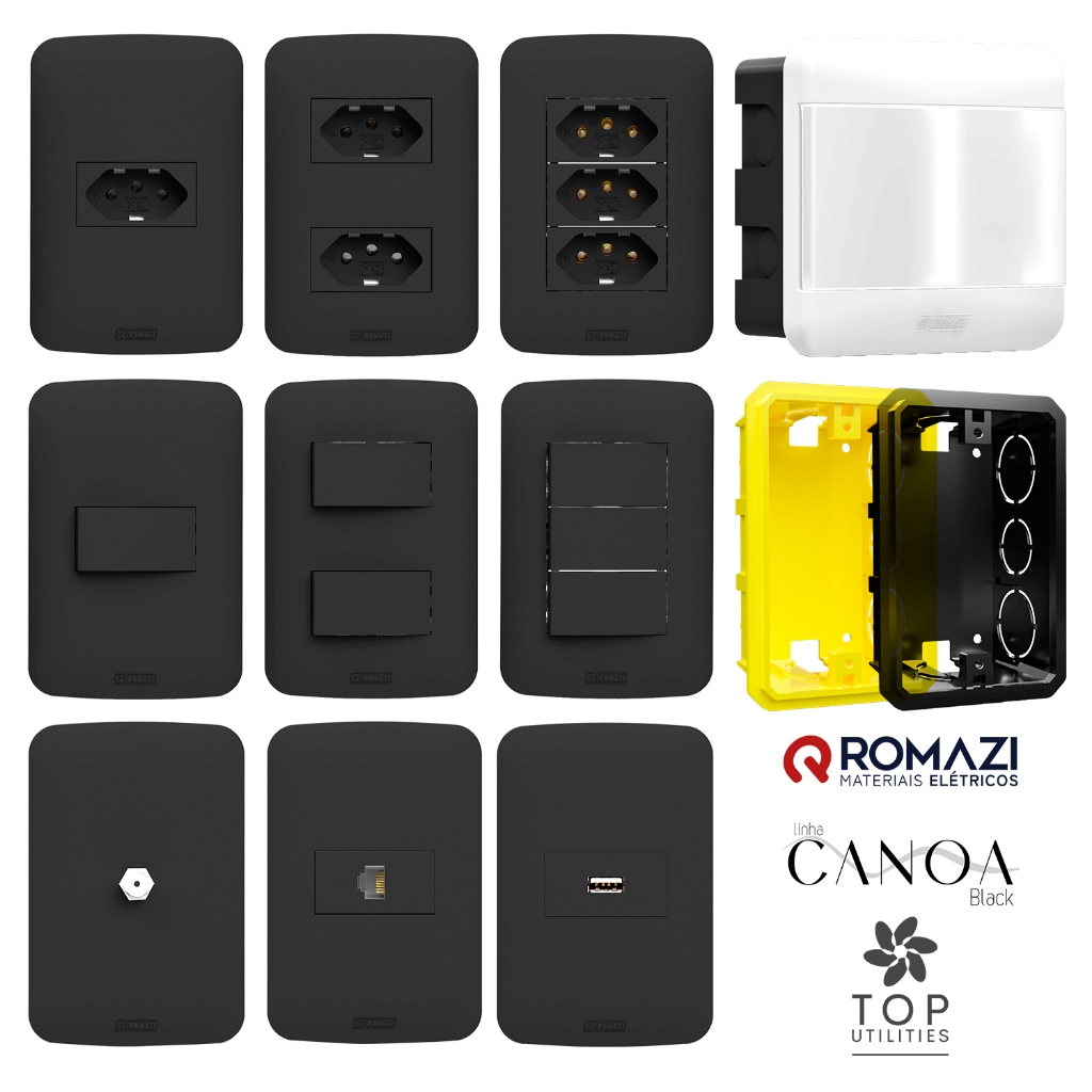 INTERRUPTORES E TOMADAS LINHA CANOA BLACK – ROMAZI