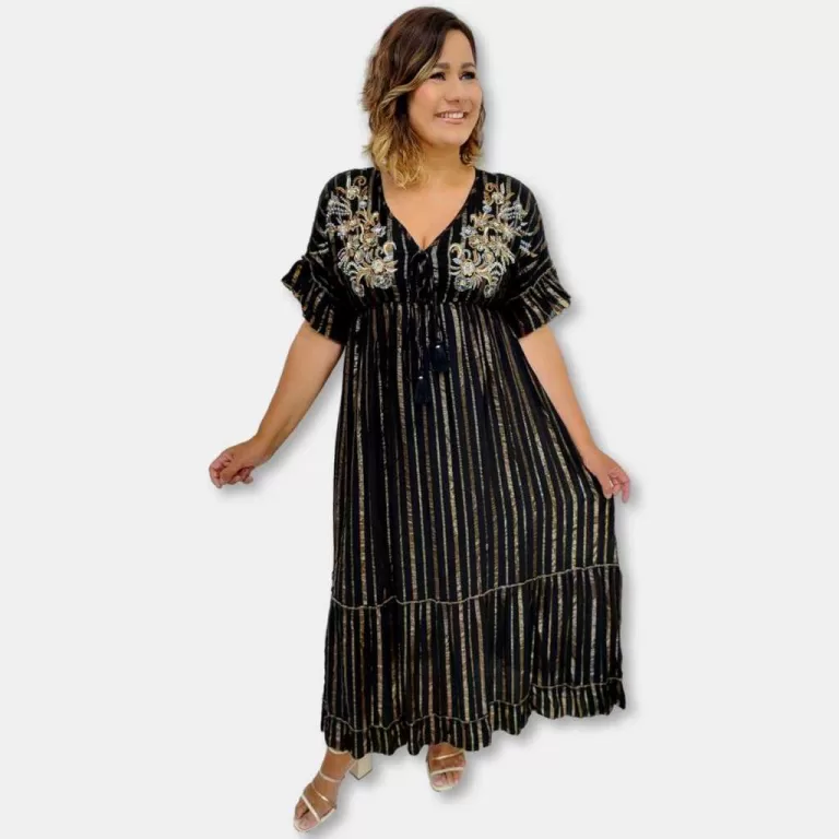 Vestido Longo Indiano Manga curta Boho Chick Lurex