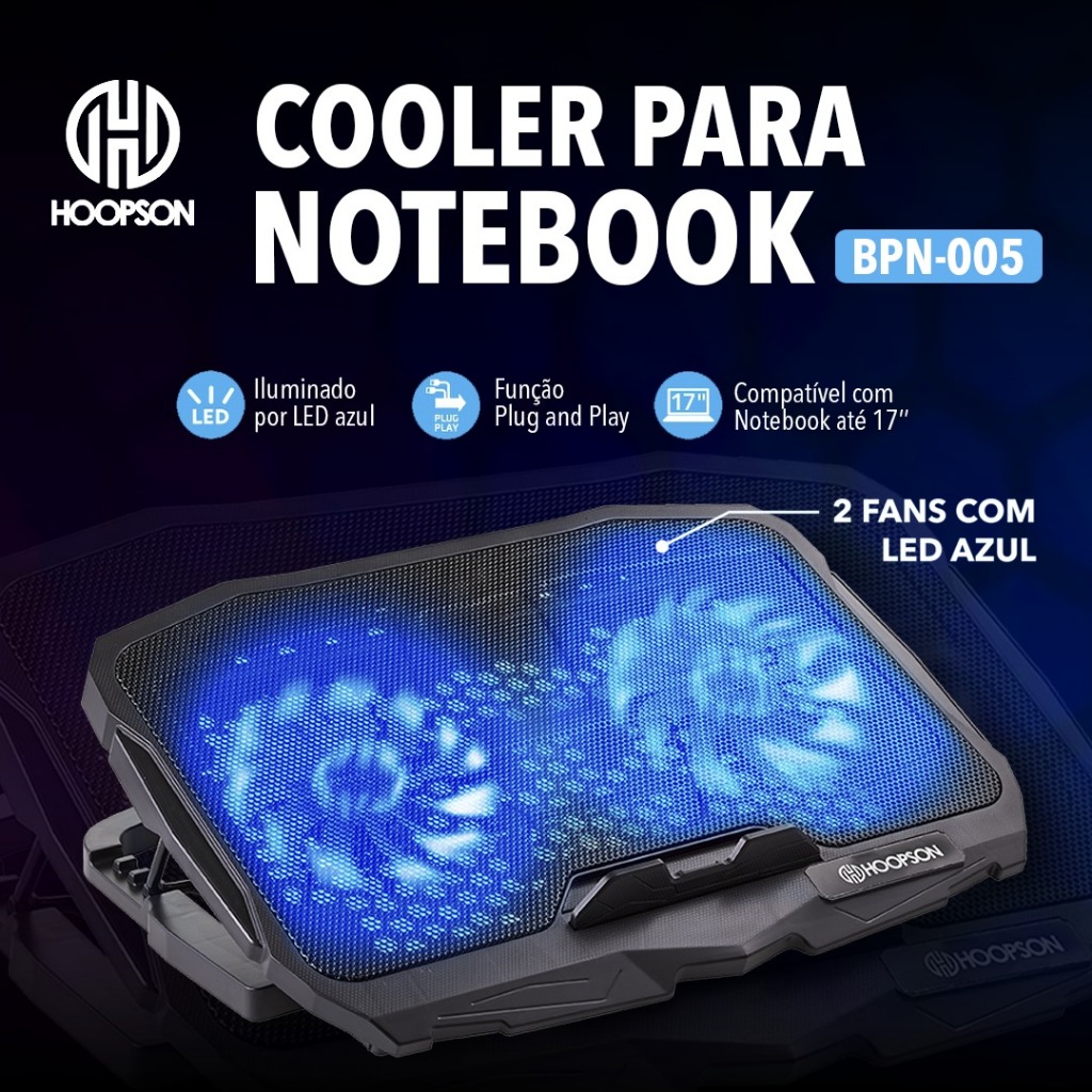Base Cooler para Notebook Hoopson LED Azul 2 Fans Silenciosos USB Ajustável Original c/ Garantia