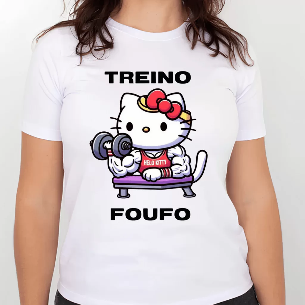 Camiseta Treino hello kitty| eu treino foufo – levantando, peso bíceps, meme