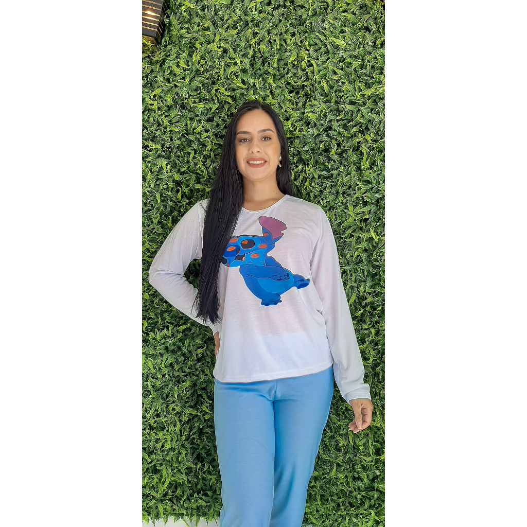 Pijama Feminino Adulto Inverno Stitch Manga Longa De Frio