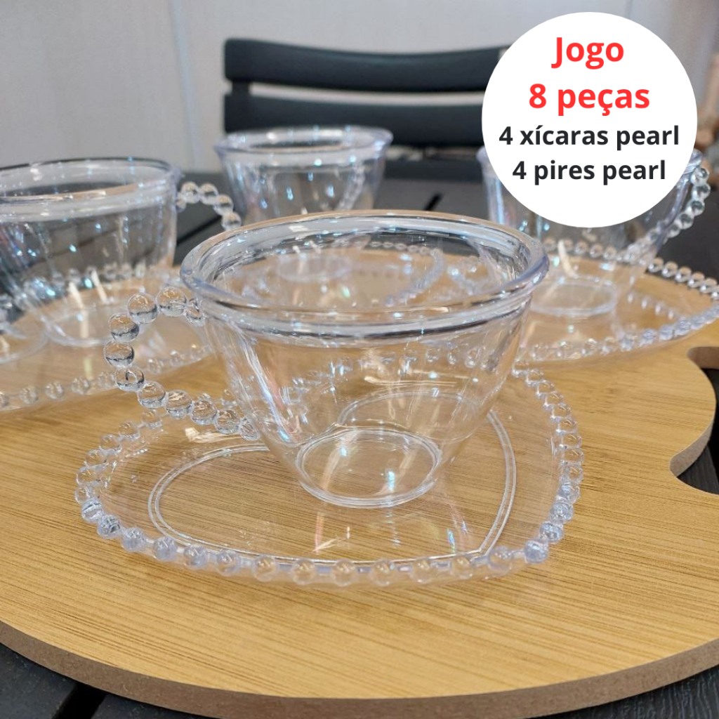 JOGO DE XÍCARAS C/ PIRES 8 PÇS  PEARL 4 XÍCARAS 150ML E 4 PIRES MODELO CORAÇÃO ACRÍLICO TRANSPARENTE