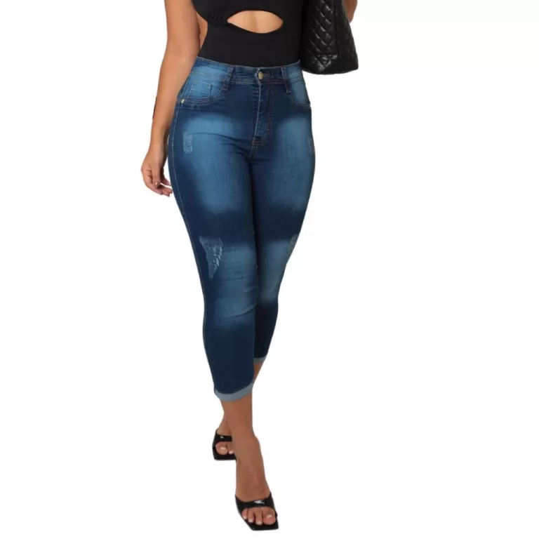 Calça Jeans Skinny Capri Cintura Alta Com Lycra