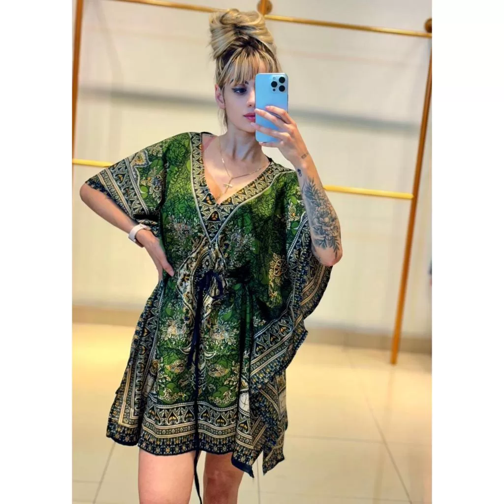 vestido curto elegante BOHO indiano estampado com manga morcego, casamento, festa, lazer, batizado