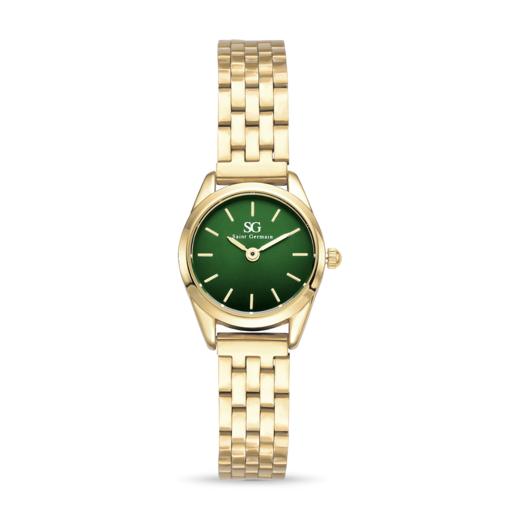 Relógio Feminino Saint Germain Mini Belle Pequeno Dourado Fundo Verde Esmeralda