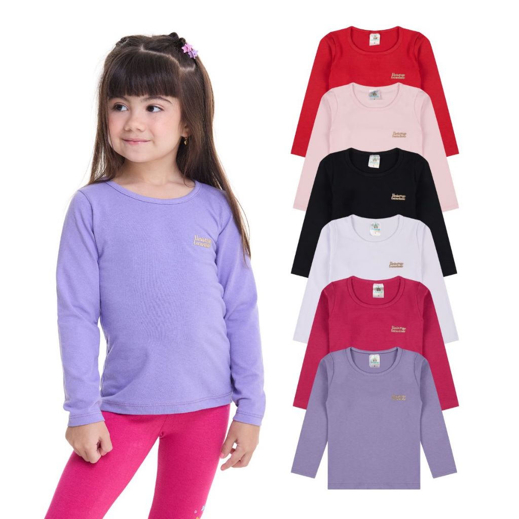 Kit 1, 3 ou 5 Blusas Manga Longa Infantil Menina Algodão Lisa Feminino de Inverno Quentinho