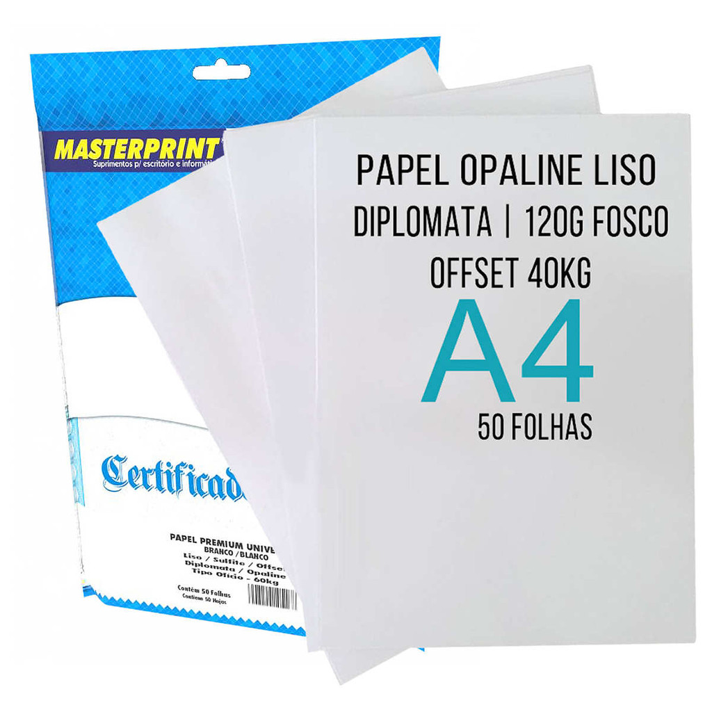 Papel Diplomata A4 120g Offset Opaline 40kg Masterprint Branco Liso com 50 folhas