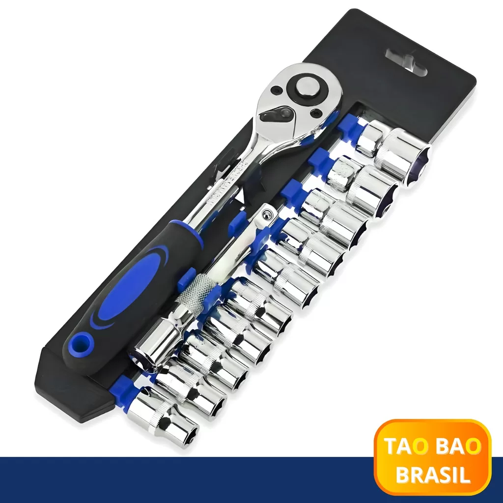 Jogo de Soquetes Sextavados 12 Peças com Catraca Reversível e Extensão – Aço Cromo Vanádio