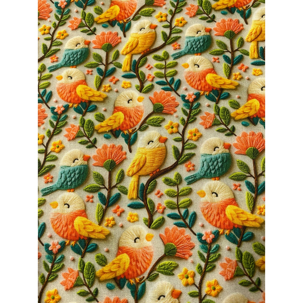 Tecido Tricoline Estampado Digital 100% Algodão – Passarinhos bordados
