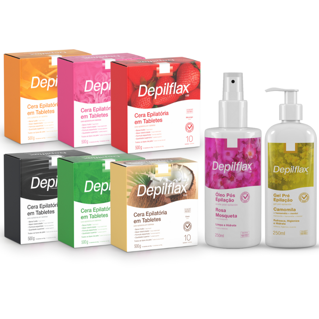 Kit Depilflax Cera Quente Depilatória Fragrâncias 500g Gel Pré Calmante 250ml Óleo Pós 250ml