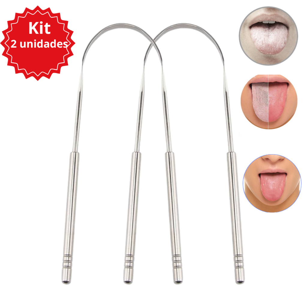Kit Limpador Raspador de Língua em Aço Inox Curvado Boca Limpa Raspador de Língua