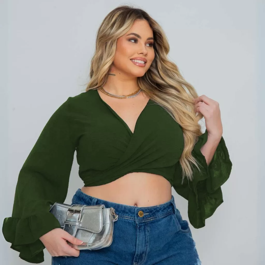Top Cropped Plus Size Com Amarração E Manga Bufante Blusa Feminina Versátil Com Decote Em V