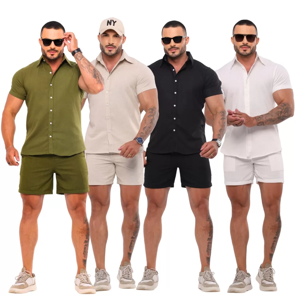Conjunto Linho Masculino Camisa Botão Bermuda Mauricinho Casual Slim Fit