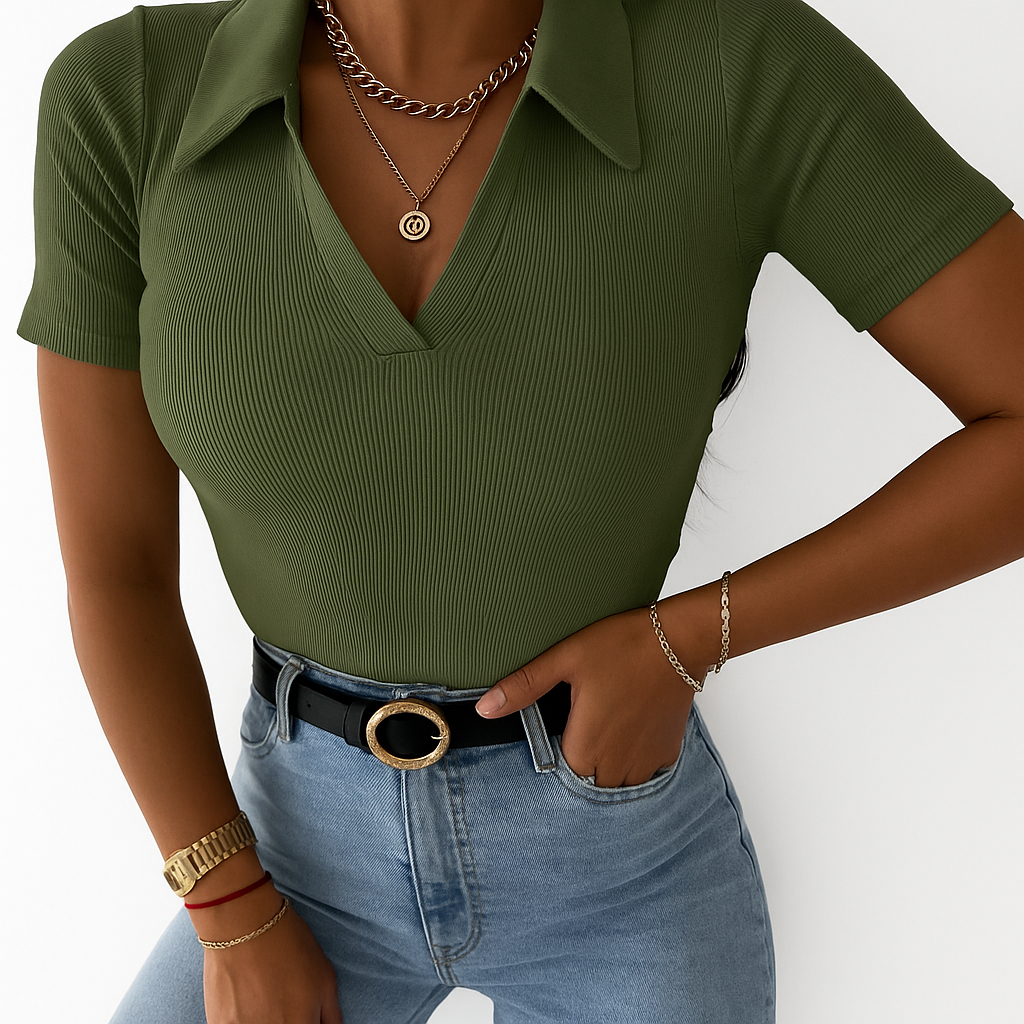 Blusa Camiseta Polo Feminina Manga curta de Ribana Algodão Premium Casual Elegante