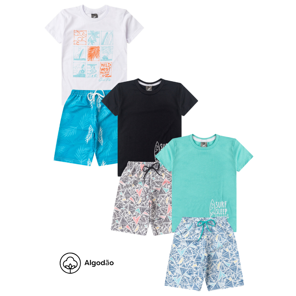 Kit 6 Peças Conjunto Infantil Menino Camisa Calor Verão Novidade Roupa Menino Algodão 1 a 14 anos