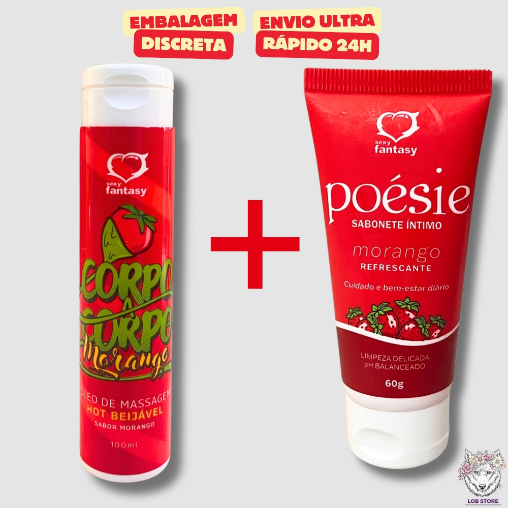 Kit Sabonete Intimo Poésie Morango 60g + Óleo de Massagem Hot Beijável Morango 100ml Sexy Fantasy