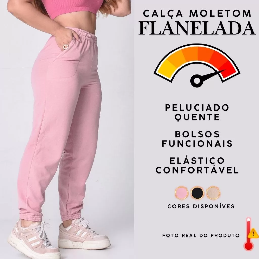 Calça Moletom Feminina Jogger com Bolso Flanelada Roupa de Frio Peluciada Quentinha Confortável