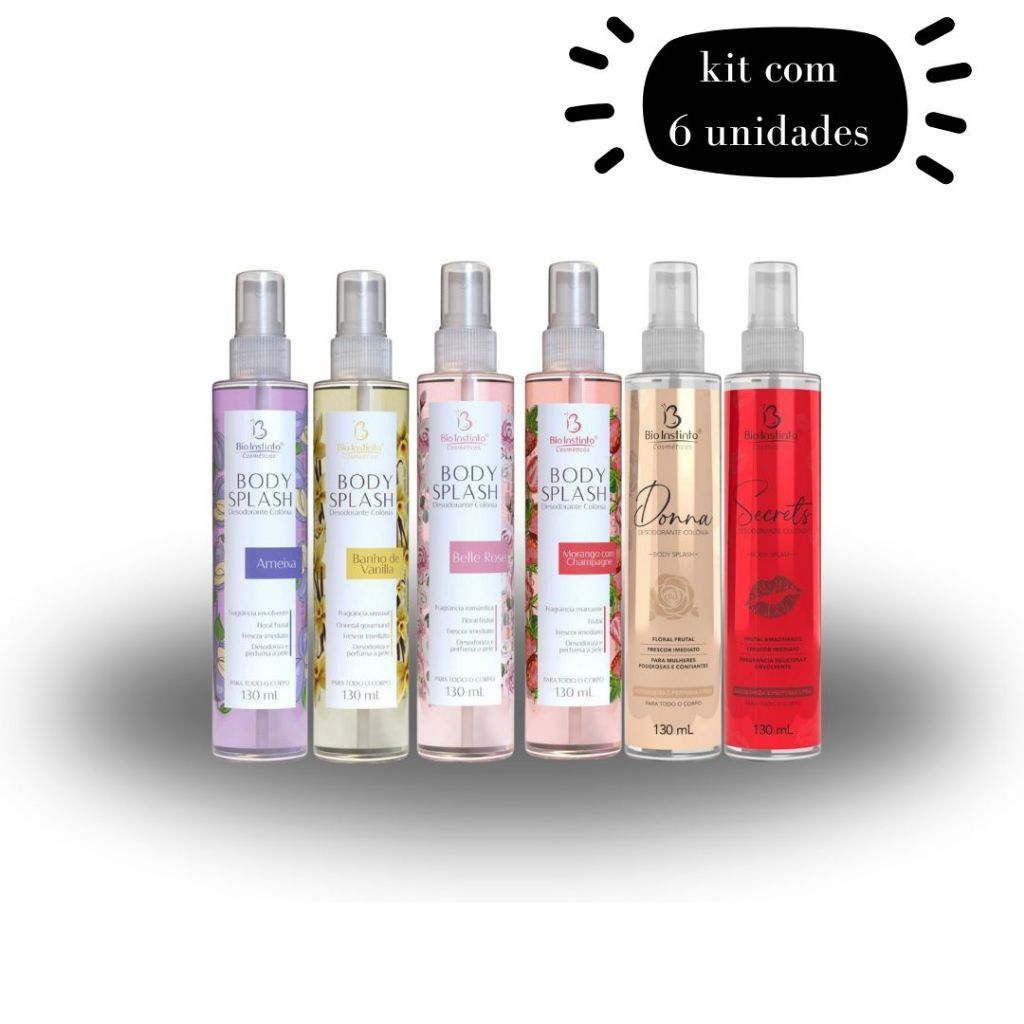 KIT 06 Body Splash BIO INSTINTO 130ml Perfume Colonia Desodorante Corporal Alta Fixação Dia e Noite
