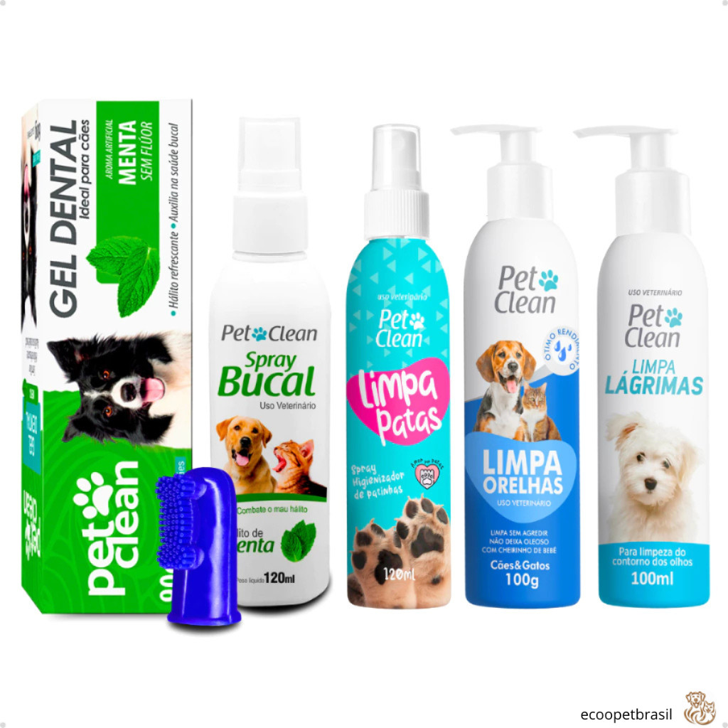Kit Higiene Limpa Patas Ouvidos Lágrimas + Spray e Gel Dental Menta + Dedeira Cães e Gatos Pet Clean