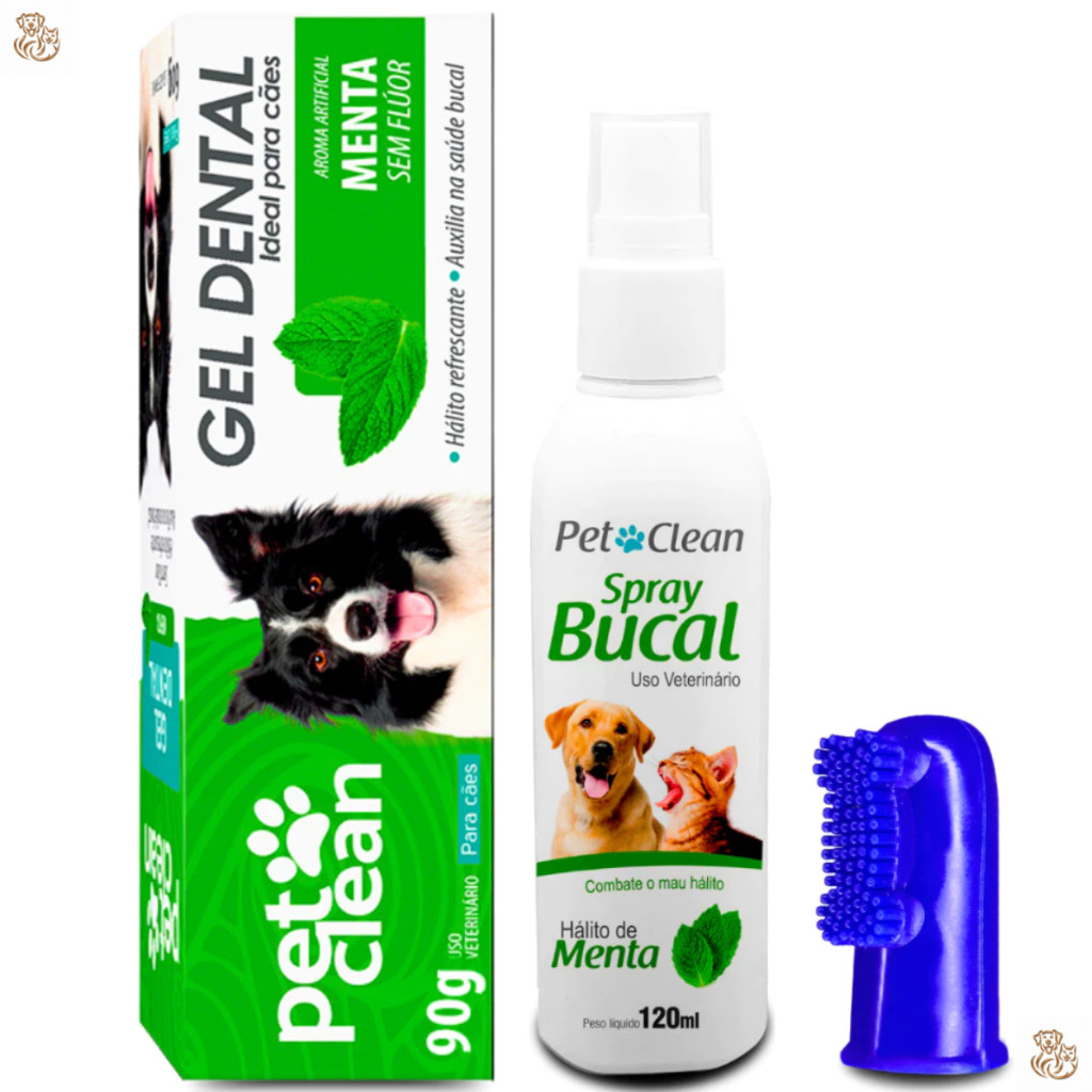 Kit Spray Bucal + Escova e Gel Dental para Cães Gatos Clean – Sabor Menta