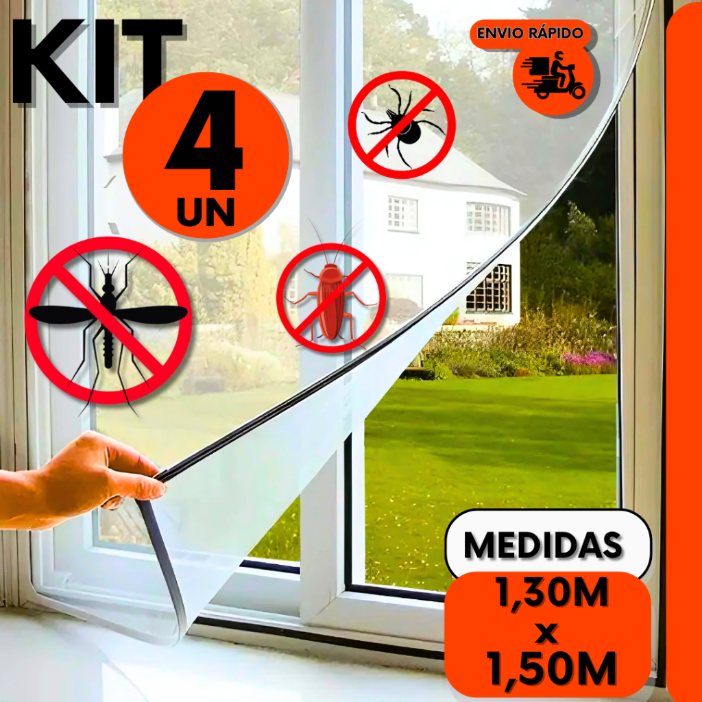 Kit 4 Tela Mosquiteiro Janela  Removível com Fecho de Contato e Fita Dulpa Face Contra Mosquitos e I
