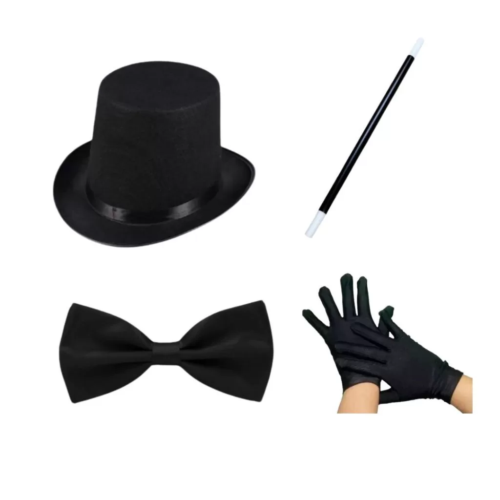 Fantasia de Mágico Cartola Varinha Gravata Chapéu Preto Adulto Cosplay Carnaval Masculino e Feminino