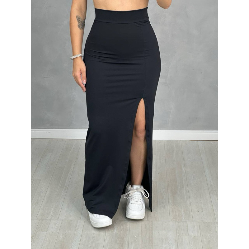Saia De Cintura Alta Longa Com Fenda Lateral Midi