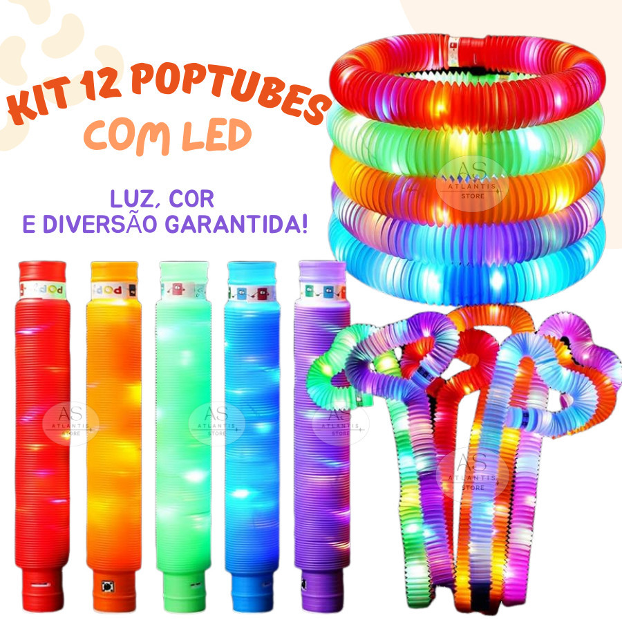 Kit 6 12 24 ou 36 Poptube Com Led Fidget Toy Pop It Divertido Sensorial Brinquedo Festa Presente