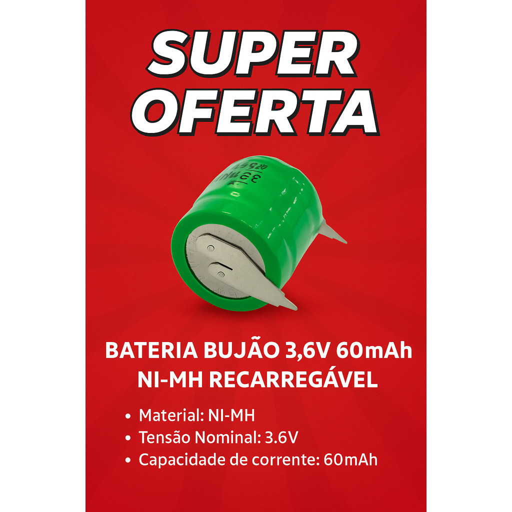 Bateria Bujão 3,6v 60mah 2 Terminais Ni-MH Recarregável