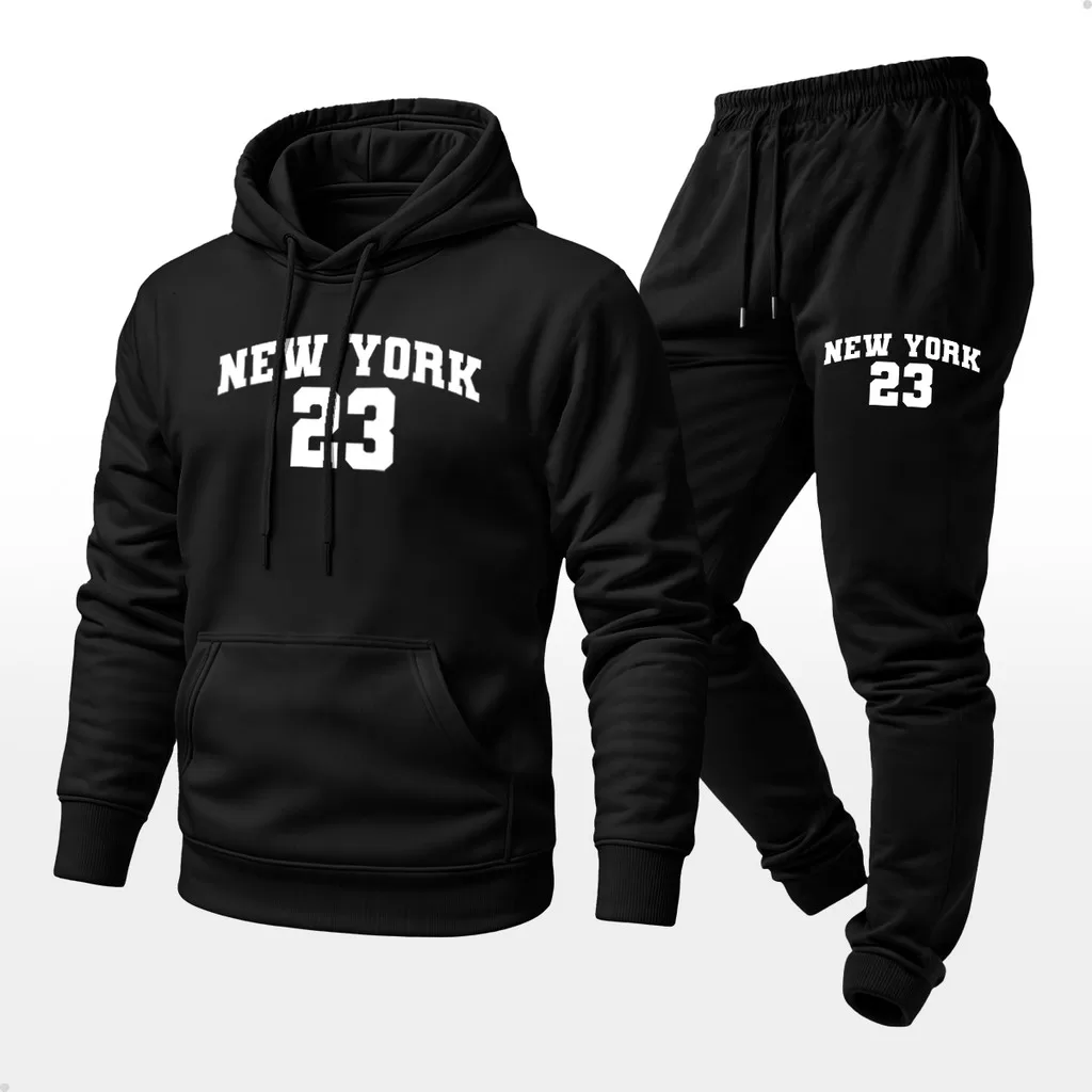 Conjunto Moletom Unissex Estampado New York 23 Calça e Blusa Com Capuz Bolso Canguru