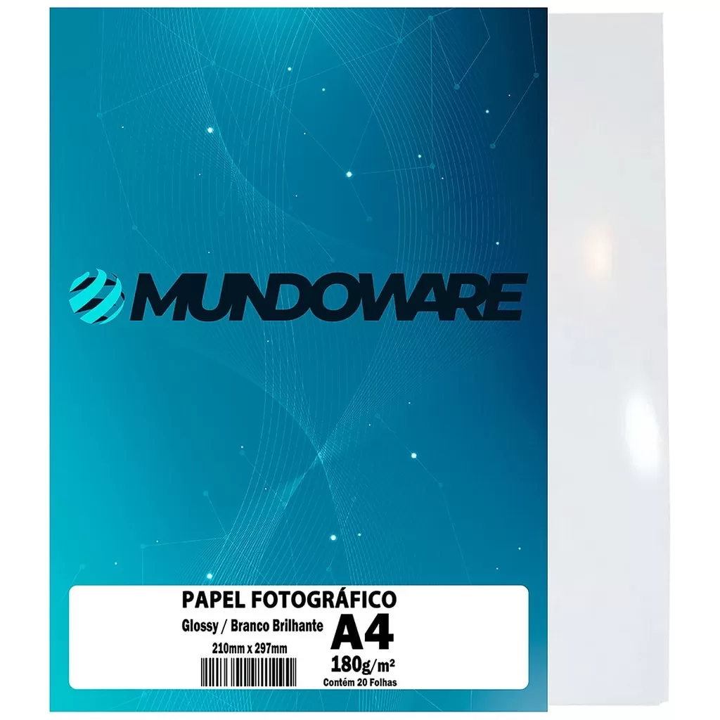 Papel Glossy Fotográfico 180g A4 Branco Brilhante com 20 Folhas Mundoware