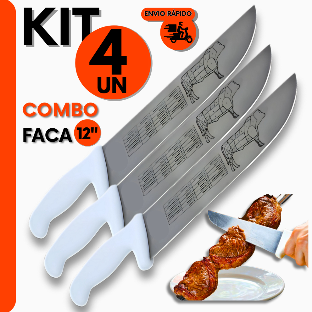 4 Facas Cabo Branco Em Aço Inox 12  Do Açougueiro e Churrasqueiro Profissional Para Cozinha e Açougu