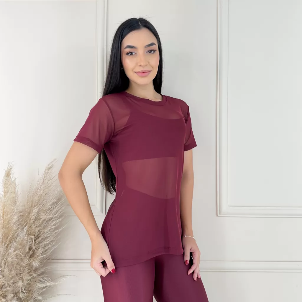 Blusa de Tule Fitness Academia Treino Transparente Feminina