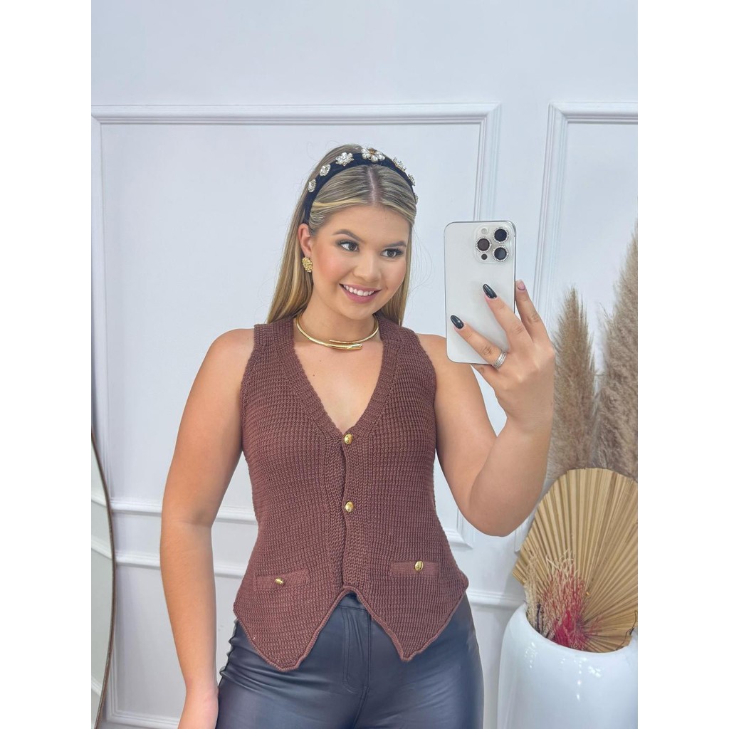 Colete Regata Feminino Tricot Alfaiataria Texturizado Botões Outono Inverno Verão Tricoliny Modas