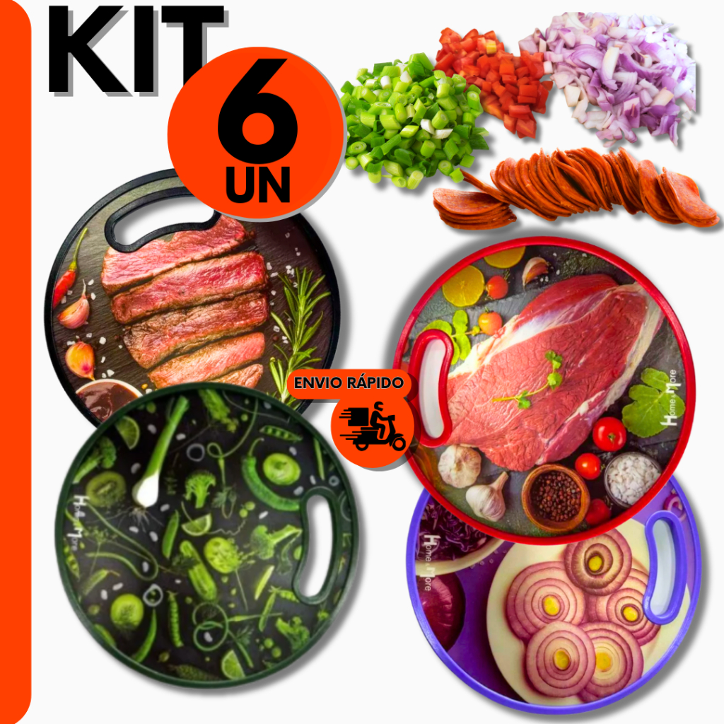 Kit 6 Tábuas Redondas Corte 30cm Profissional Carnes Frutas Verduras Chef p/ Cozinha, Restaurante e
