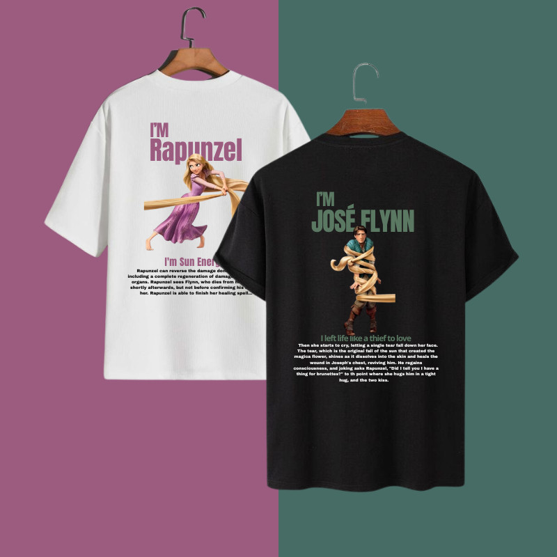 Conjunto Camiseta Rapunzel e José Flynn Kit Casal Filme Enrolados