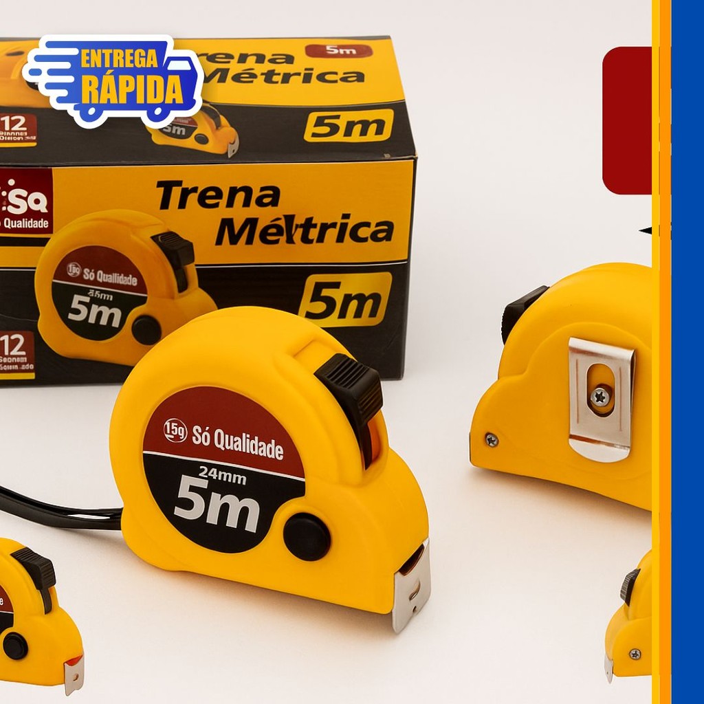 1 PECAS Trena 5 Metros x 24 mm de Metal Kit com 3 Und c/ Trava Freio Manual, Aferição das Medidas