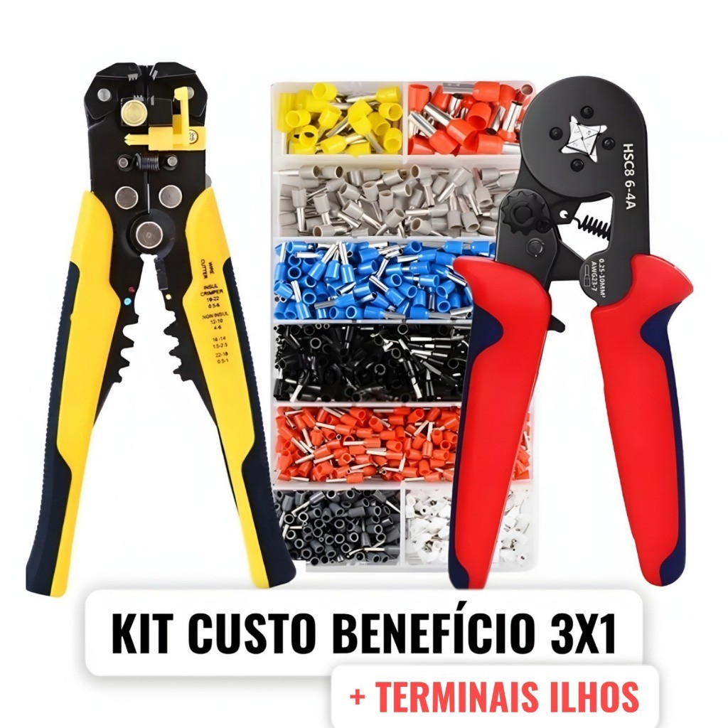 Kit Alicate Crimpar + Box Terminais Ilhos  Descascador Fio alicate crimpador prensa terminal