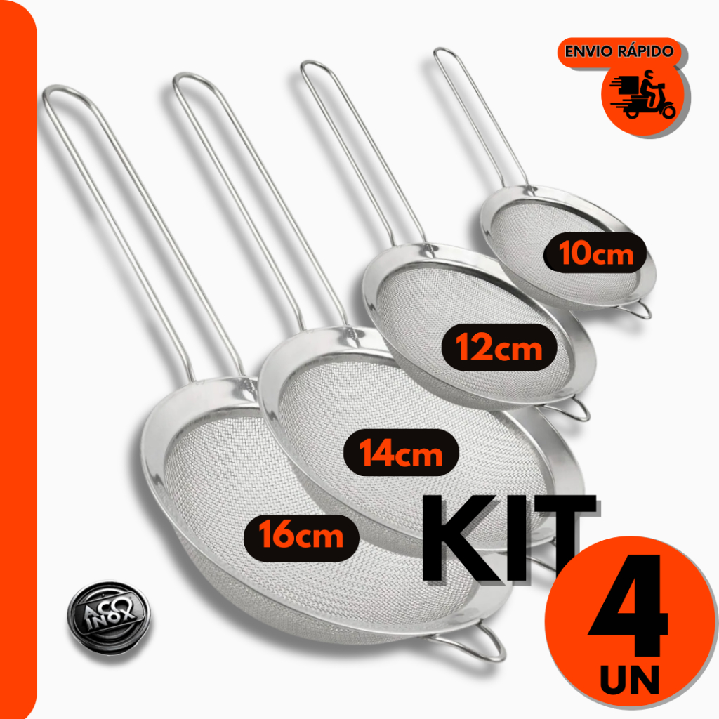 Kit 4 Peneiras em Aço Inox Profissional P/ Confeiteiros e Cozinheiros P/ Restaurantes e Cozinha e Pa