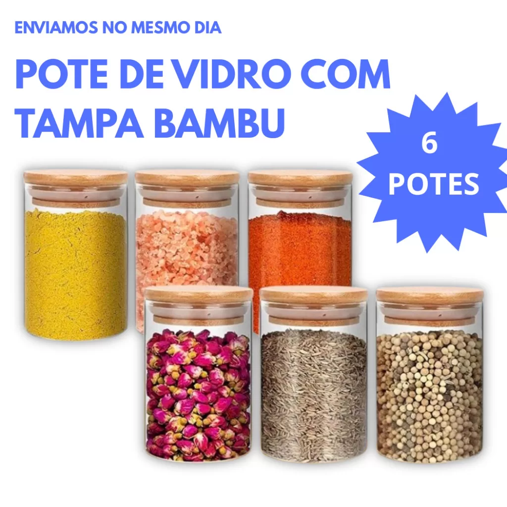 Kit 6 Potes de Vidro 200ml com Tampa de Bambu | Hermético à Prova de Odores