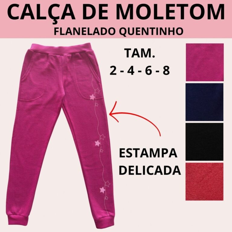 Calça 2 ao 8 Moletom Peluciado 2 Bolsos e Estampa