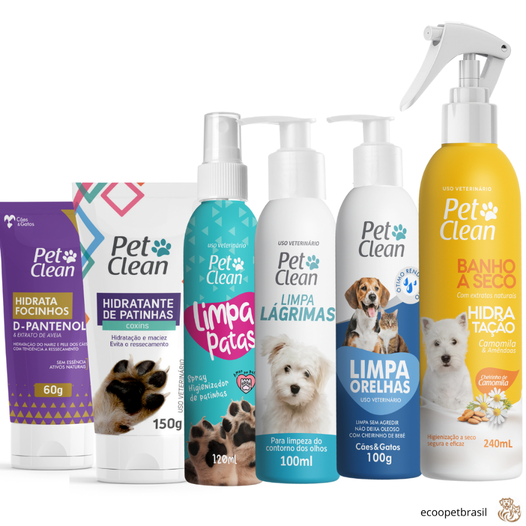 KIT Banho a Seco, Hidratantes de Patas e Focinho, Limpa Patas, Orelhas e Lágrimas Pet Clean Cachorro