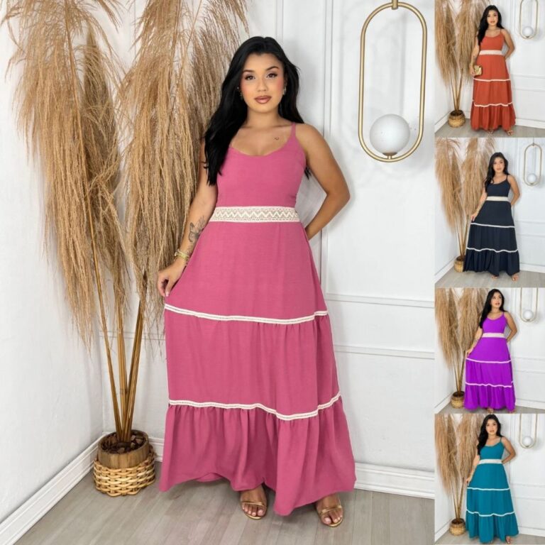 Vestido Longo Com Saia Em Marias e Alça Reguláve