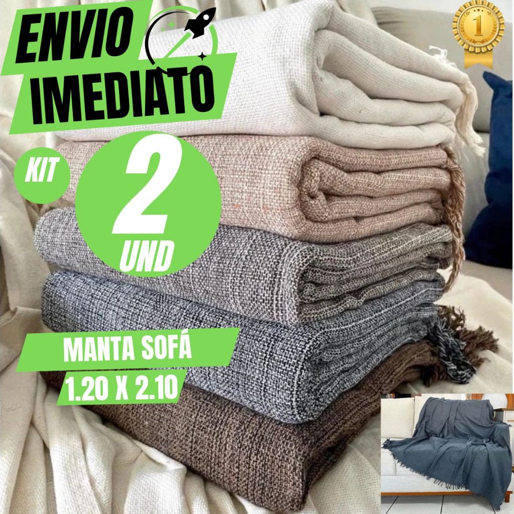 Kit Com 2 Manta De Sofá 1,20 x 2,10 MT 100% Algodão Luxo Decoração Elegante Premium Conforto Artesan